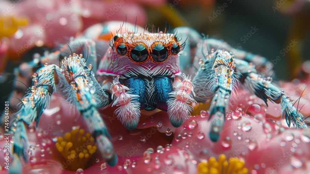 a close up of a blue and orange spider on a pink flower with water droplets on it's face.