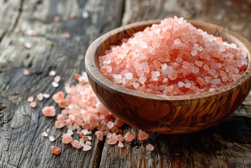 Himalayan pink salt in a wooden bowl on rustic wood background, highlighting natural and culinary themes. Pink Himalayan salt in a bowl, rustic and culinary appeal