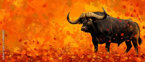 a painting of a bull with long horns standing in a field of red, orange and yellow leaves on an orange background. © Jevjenijs