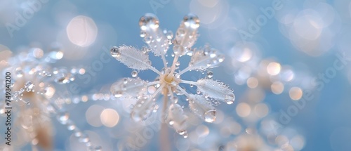 a close up of a dandelion with drops of water on it and a blue sky in the background.