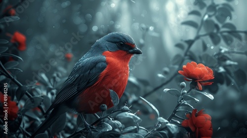 a red and blue bird sitting on a branch of a tree with red flowers in the foreground and a blurry background. photo