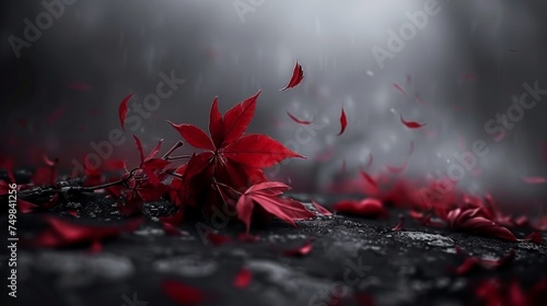 a red flower sitting on top of a wet ground next to a black and white picture of a leafy plant.
