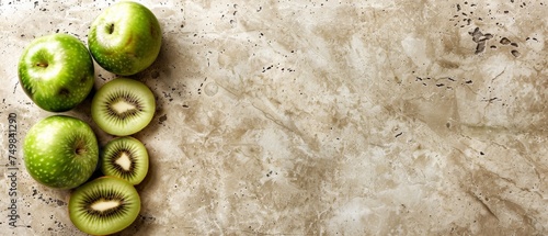 a pile of green apples sitting next to each other on top of a marble counter top next to a pile of green apples. photo