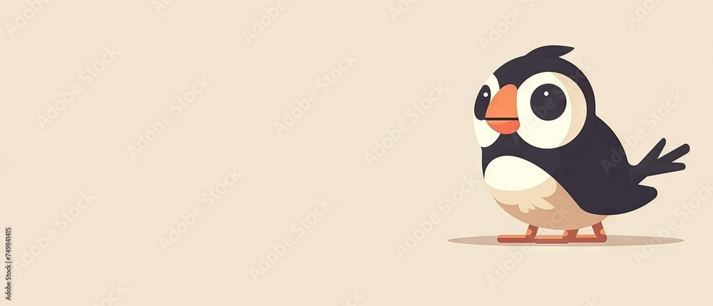 a black and white bird sitting on top of a brown floor next to a white wall and a beige wall. a black and white bird sitting on top of a brown floor next to a white wall and a beige wall.