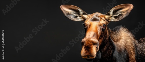 a close - up of a giraffe's head against a black background looking at the camera lens. © Jevjenijs