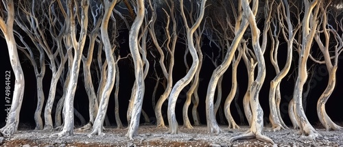 a group of trees that are next to each other in a forest with no leaves on the branches and no leaves on the ground. photo