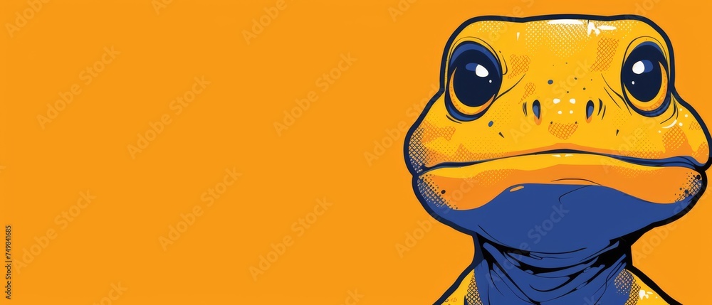 a close up of a yellow and blue lizard on a yellow background with a black spot in the middle of the image.