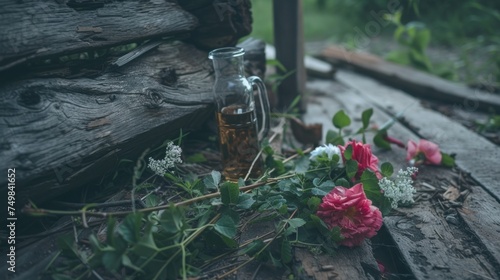 a glass of beer sitting on top of a wooden table next to a bunch of flowers and a bottle of alcohol. photo