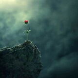 a single red flower sitting on top of a rock in the middle of a dark sky with clouds in the background.