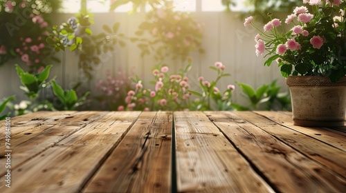 Empty wooden table with flower background with Blur effect.