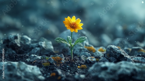 a single yellow flower sitting on top of a pile of rocks in the middle of a field of gray rocks. © Jevjenijs