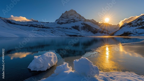 the sun is setting over a mountain range with a lake in the foreground and snow in the foreground.