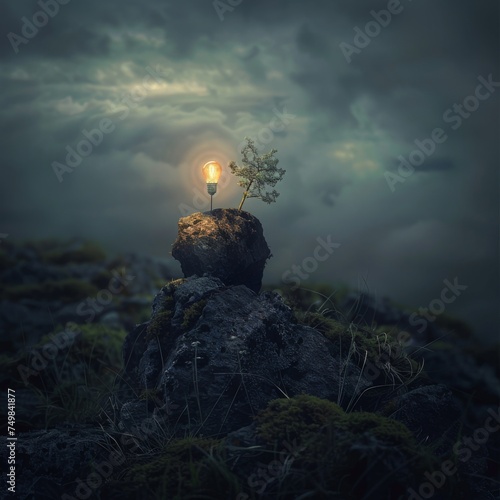 a light bulb sitting on top of a rock in the middle of a field with a tree growing out of it.