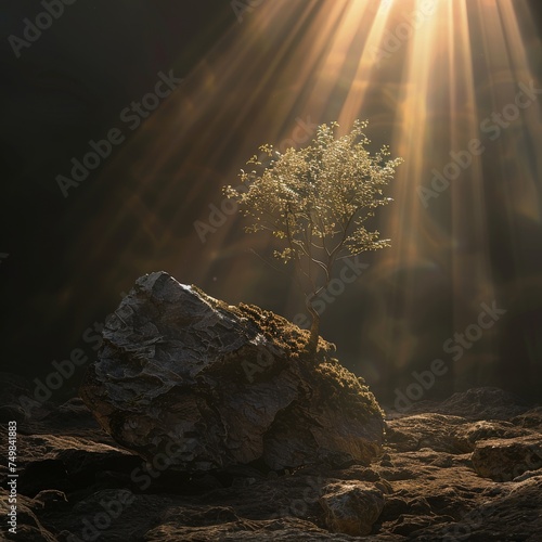 a tree sitting on top of a large rock in the middle of a rocky area with the sun shining down on it.