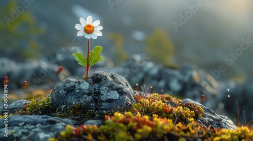 a small white flower sitting on top of a moss covered rock covered in lichen and green leafy plants.