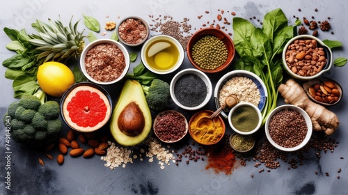 a variety of fruits  vegetables  and grains are arranged in small bowls on a gray and white table top.