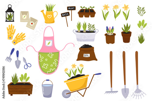Spring gardening. Big set of elements - gardening tools, planting, flowers, accessories