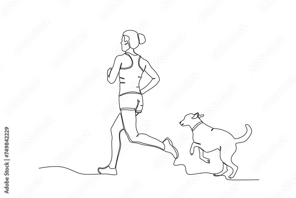 Single continuous line drawing of Woman jogging with her pet dog .sport concept one line draw graphic design vector illustration
