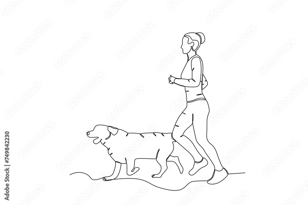 Fototapeta premium Single continuous line drawing of Woman jogging with her pet dog .sport concept one line draw graphic design vector illustration