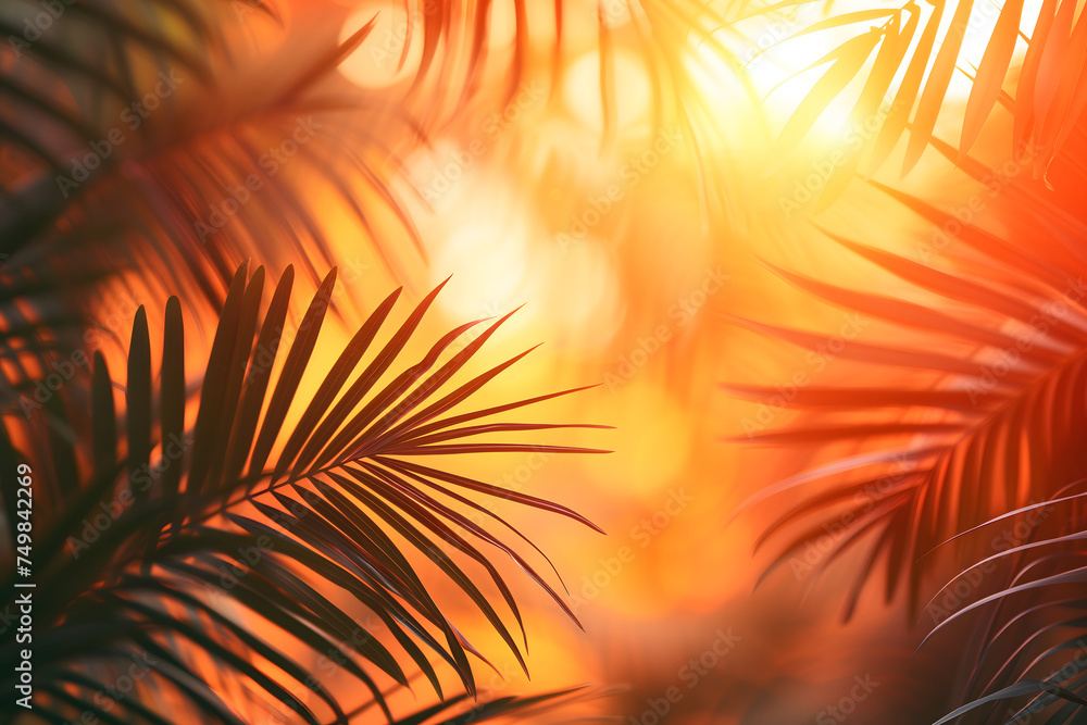 Vibrant sunny backdrop palm leaves with golden sun light. Neural network generated in January 2024. Not based on any actual scene or pattern. Vibrant sunny backdrop palm leaves with golden sun light. Neural network generated in January 2024. Not based on any actual scene or pattern.