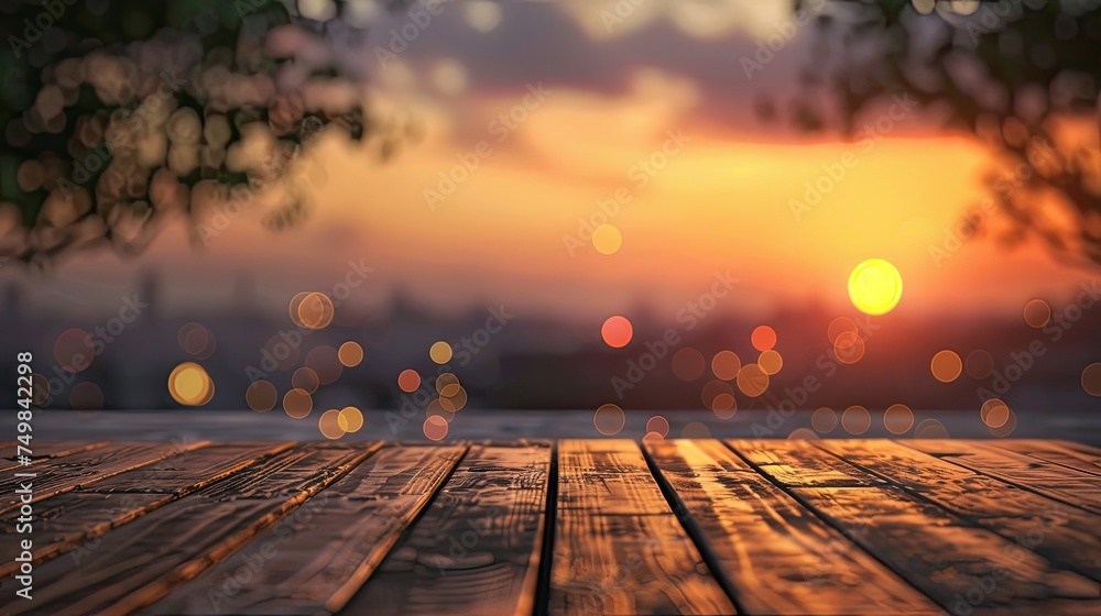 Empty wooden table with sunset background with Blur effect.