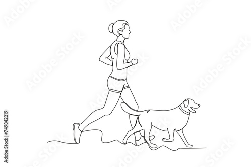 Single continuous line drawing of Woman jogging with her pet dog .sport concept one line draw graphic design vector illustration

