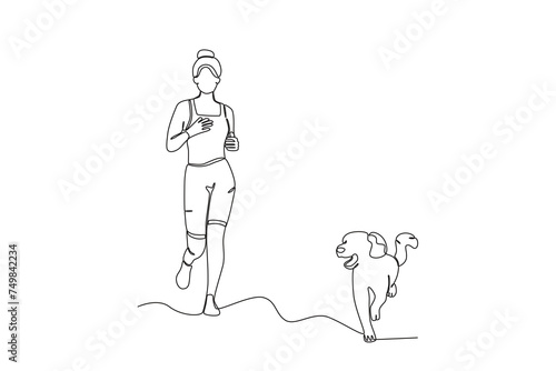 Single continuous line drawing of Woman jogging with her pet dog .sport concept one line draw graphic design vector illustration
