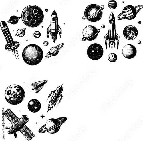Set of space object rocket satelite, moon and planets