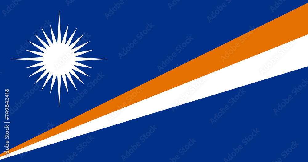 Fototapeta premium Close-up of blue, white and golden national flag of Oceanian country of Marshall Islands. Illustration made March 3rd, 2024, Zurich, Switzerland.