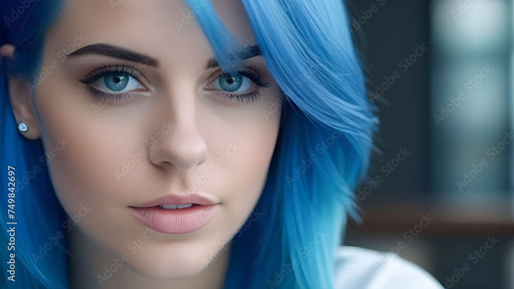 Girl with blue neon hair.
