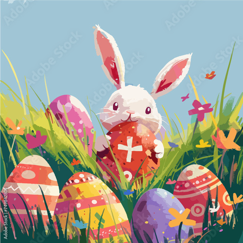 Easter rabbit with tulips. Happy easter