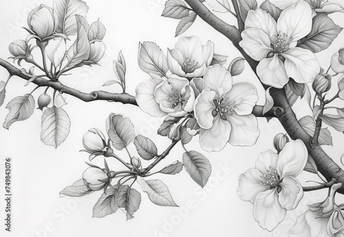 Blooming sakura branch painted in pencil white background. Black and white sketch art of apple blossoms. photo