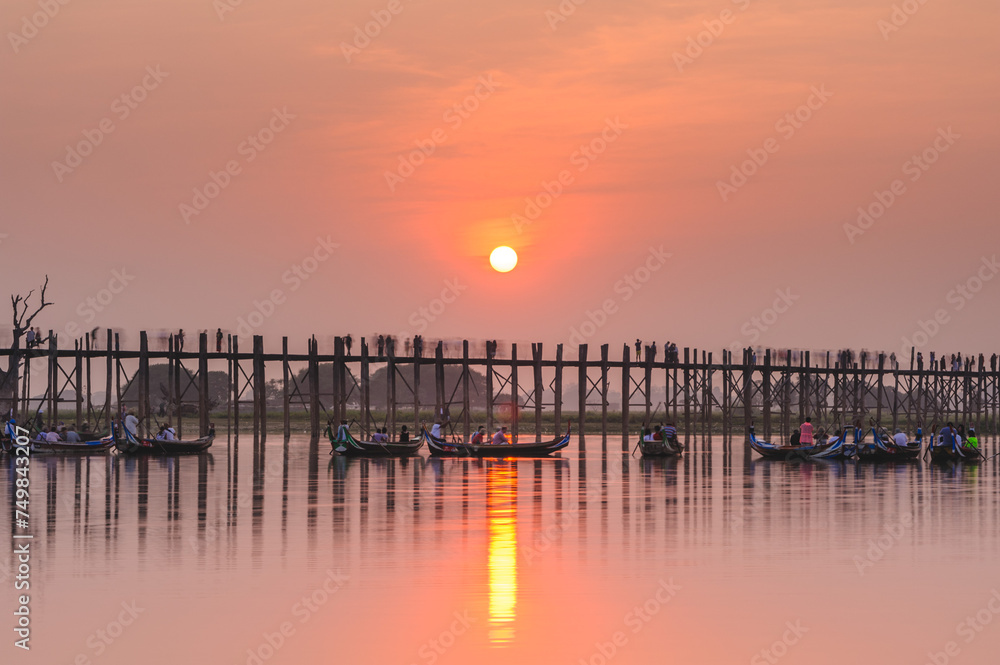 Sunset with silhouette of u bein bridge in Amarapura township, myanmar