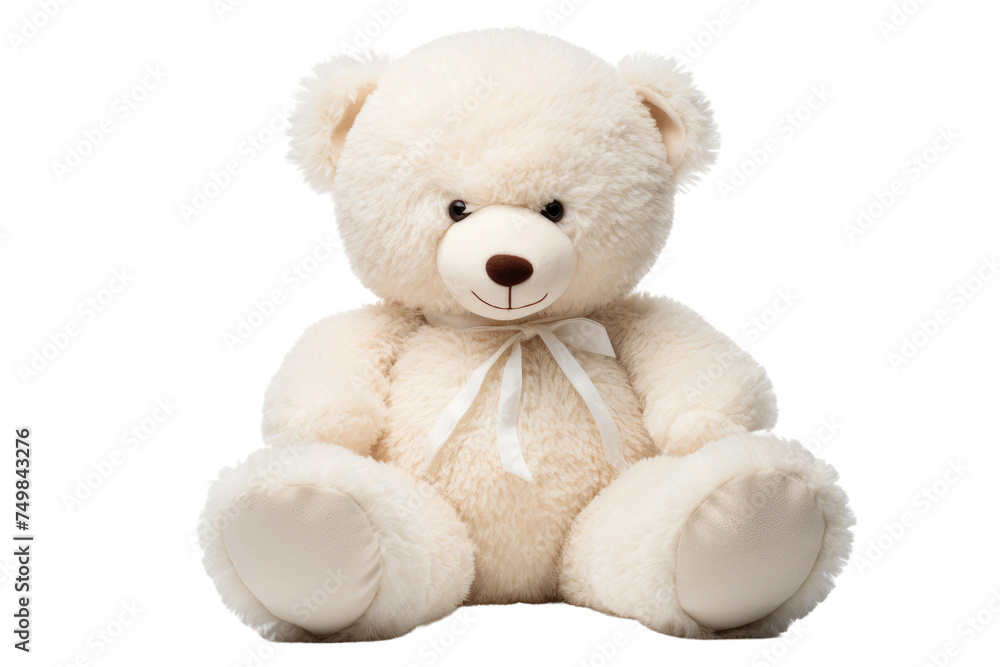 Obraz premium Fluffy white teddy bear plush toy, soft stuffed animal with ribbon bow, cute nursery gift and kids comfort mascot isolated on Transparent Background
