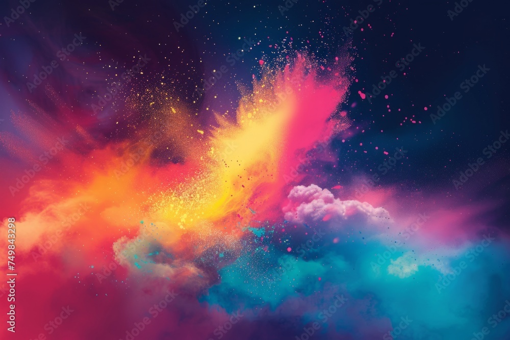 Fototapeta premium Colors of May, abstract background with powder in blue, yellow, orange, shocking pink, purple hues, and with copyspace for your text. May background banner for special or awareness day, week or month