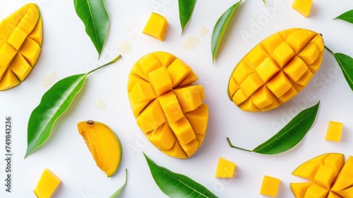 a group of pieces of mango sitting on top of a white surface next to green leaves and slices of mango.