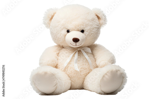 White Teddy Bear Sitting. A white teddy bear is seated on a plain white surface, its fur fluffy and pristine. The bear exudes a sense of innocence and simplicity as it sits quietly. © Muhammad