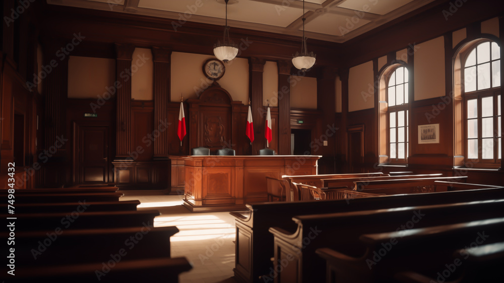 Trial Process in Polish court. Courtroom of the Poland. Justice in courthouse. Law and legal right. Lawyer in courtroom. Judges decide and punishment. Sale, Sold on auction. Violation of law.