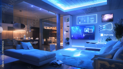  Futuristic Smart Living   a modern high-tech smart home where artificial intelligence seamlessly integrates with everyday life. Highlight voice-activated controls  automated lighting.
