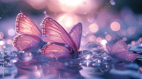 a group of pink butterflies floating on top of a body of water with drops of water in the foreground. © Anna