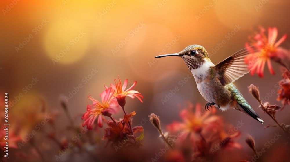 Fototapeta premium Close-up of a hummingbird on a red flower during a mild sunset. Nature, Landscape, Golden Hour, Summer, Animals, Birds, Wildlife concepts. A horizontal banner with copy space.