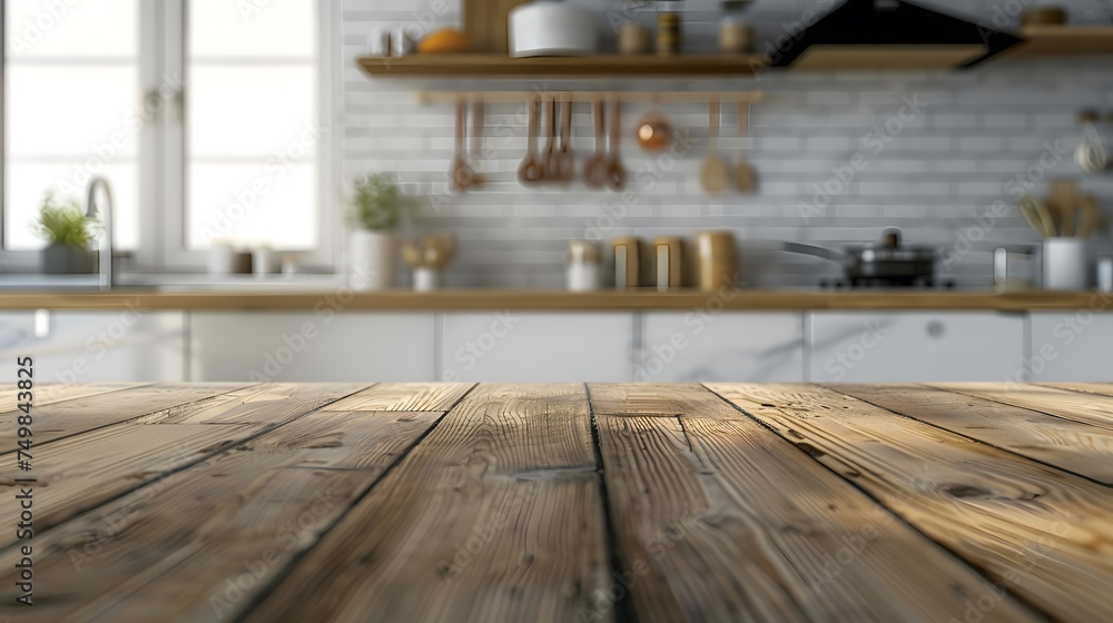 Old wood table with blurred concrete block wall in dark room background.