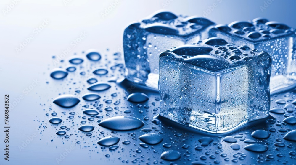 a group of ice cubes sitting on top of a table covered in drops of water on top of a blue surface. a group of ice cubes sitting on top of a table covered in drops of water on top of a blue surface.
