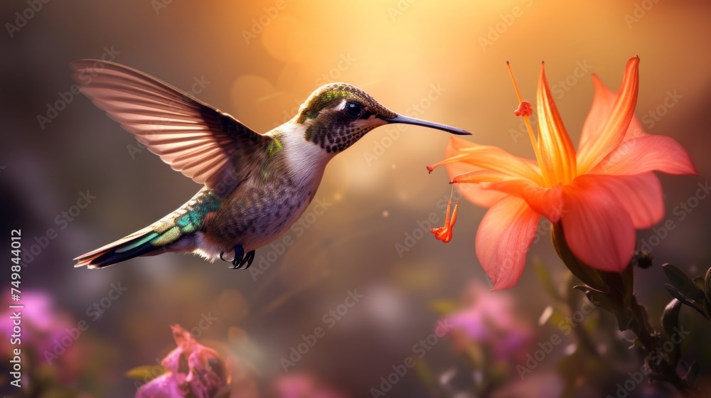 Naklejka premium Close-up of a hummingbird on a flower during a mild sunset. Nature, Landscape, Golden Hour, Summer, Animals, Birds, Wildlife concepts.