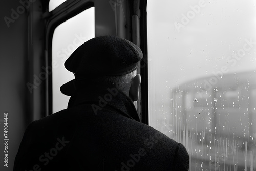 black and white photo, man who stares out the window with no face 