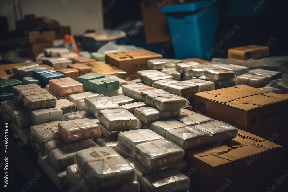 Drug trafficking. Police stopped drug trafficking cartel. Capture of criminals transporting large consignment of drugs. Police seized shipment of drugs. Drug courier with cocaine and heroin narcotic - obrazy, fototapety, plakaty 