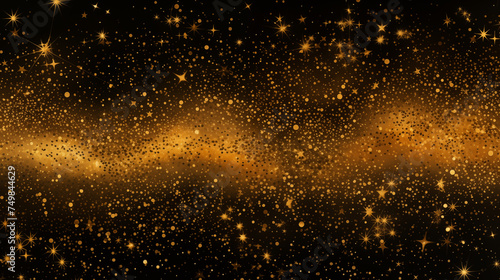 Sparkling golden glitter stardust particles on black background.