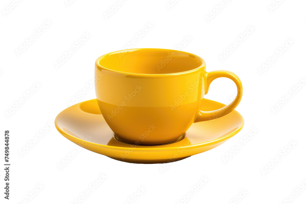 Yellow Cup and Saucer. A yellow cup and saucer placed on a clean white background. The cup is bright yellow in color with a matching saucer underneath. on White or PNG Transparent Background.