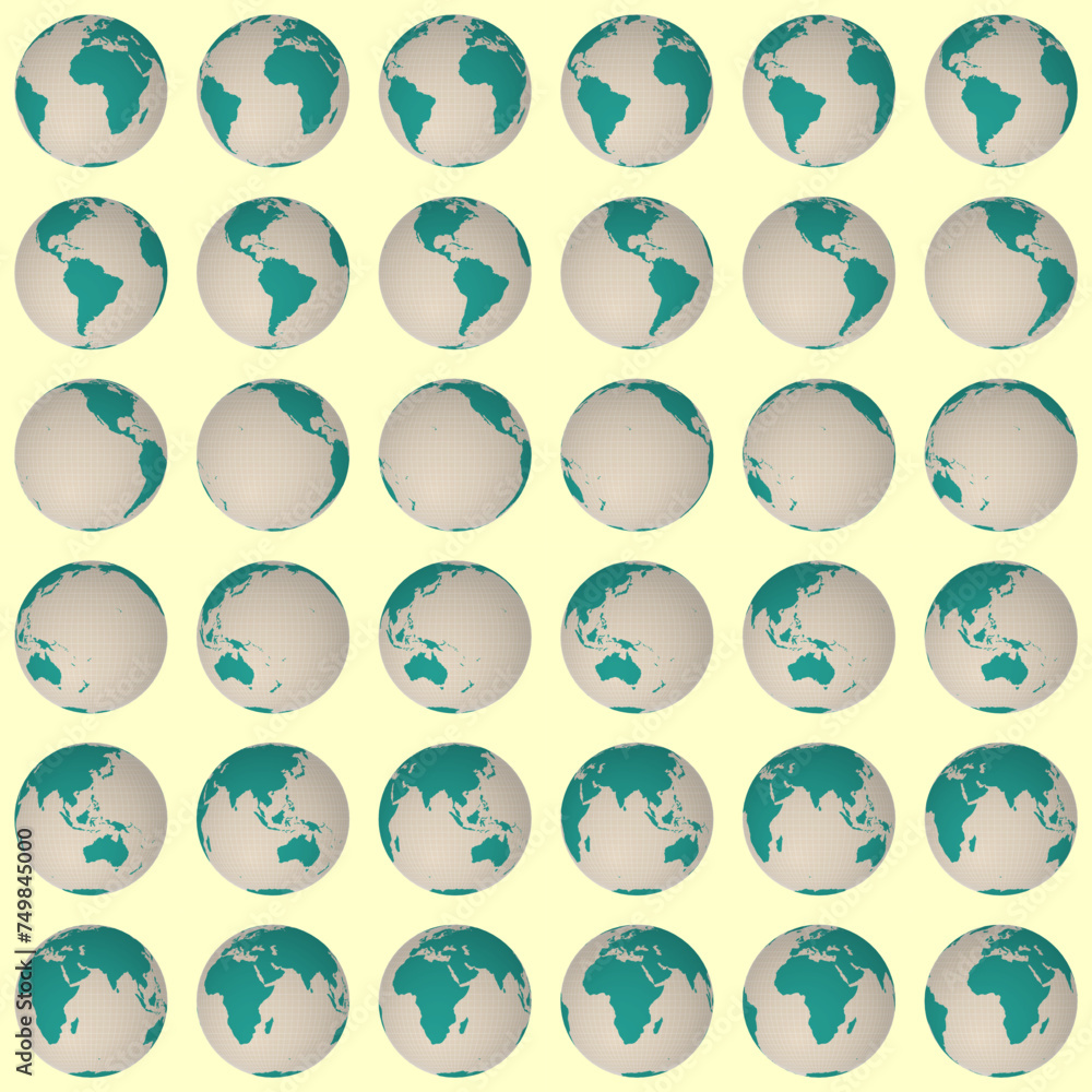 Collection of planet globes. Normal sphere view. Rotation step 10 degrees. Solid color style. World map with dense graticule lines on warm background. Incredible vector illustration. Collection of planet globes. Normal sphere view. Rotation step 10 degrees. Solid color style. World map with dense graticule lines on warm background. Incredible vector illustration.