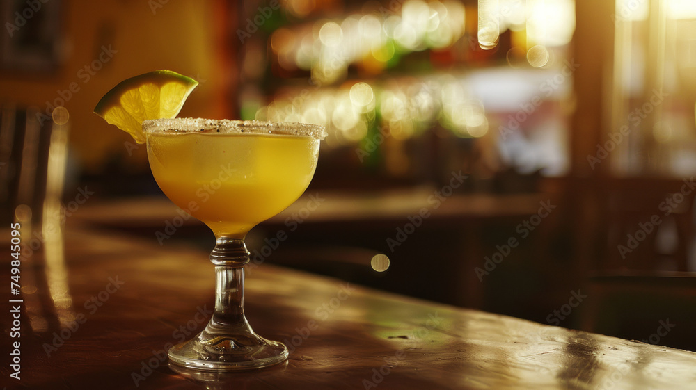 Refreshing margarita cocktail on a bar counter with a bokeh background. Refreshing margarita cocktail on a bar counter with a bokeh background.